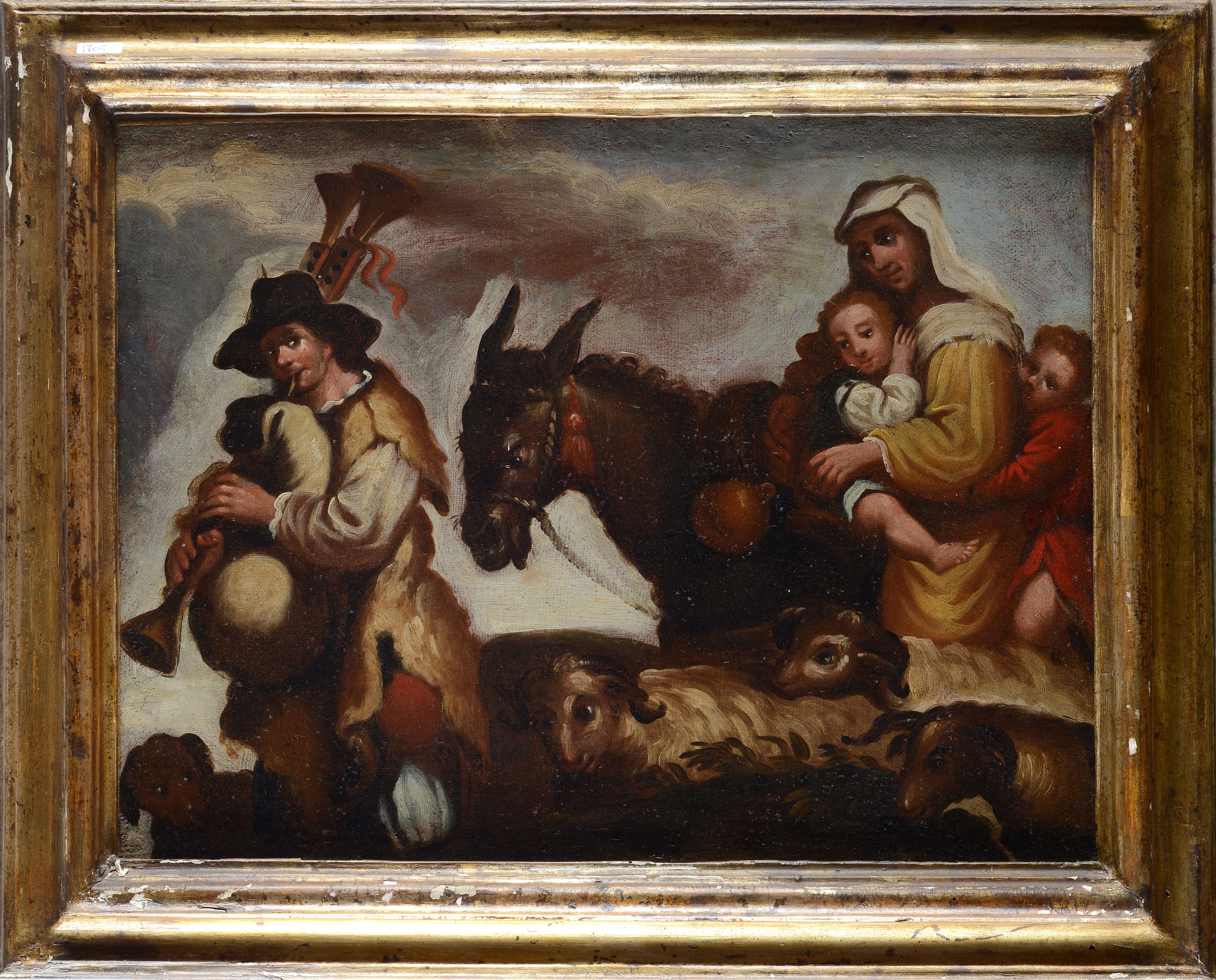 Zampognaro con pecore e figure a cavallo