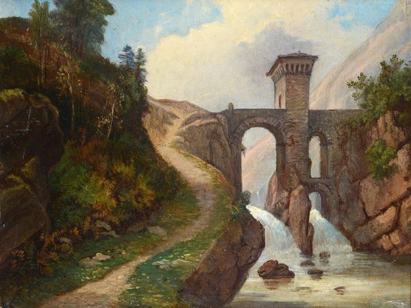 Anonimo, XIX sec. - Paesaggio con cascate