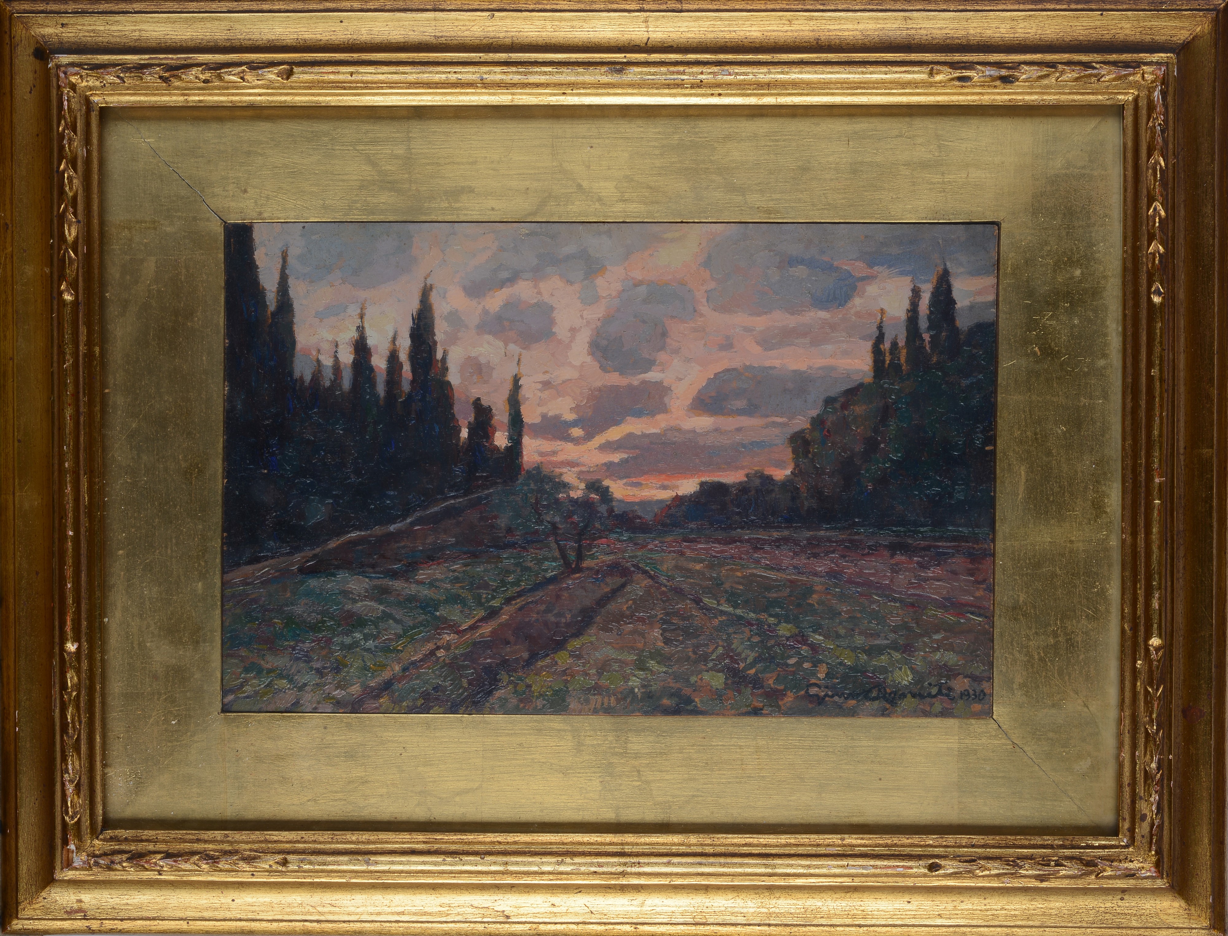 Gino Romiti - Paesaggio al tramonto, olio su tavola
