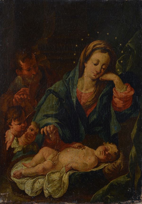 Scuola Romana, XVIII sec. - Madonna con Bambino, San Giuseppe e Angeli