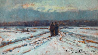 Nevicata, olio su tavoletta