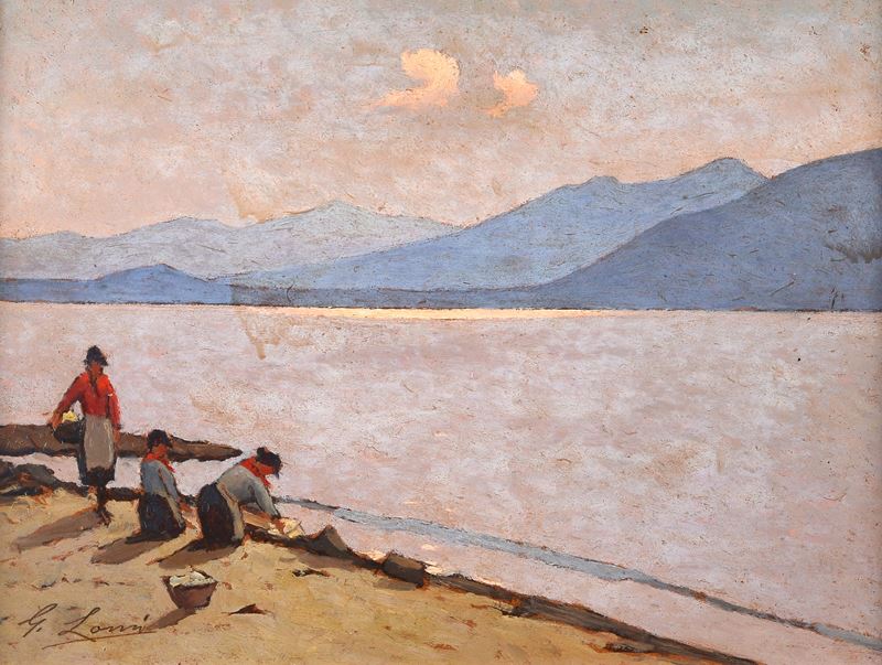 Giovanni Lomi - Lavandaie al lago, olio su faesite