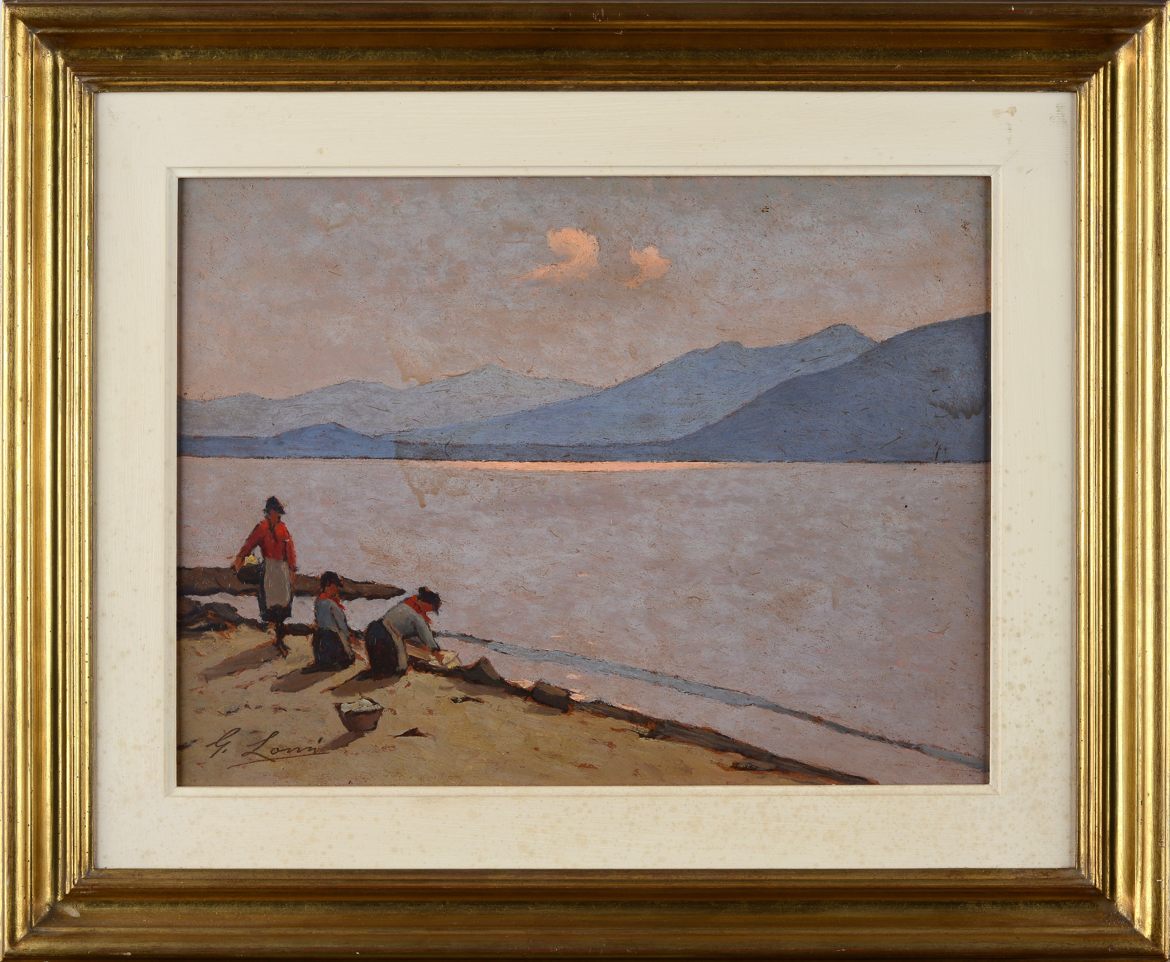 Giovanni Lomi - Lavandaie al lago, olio su faesite