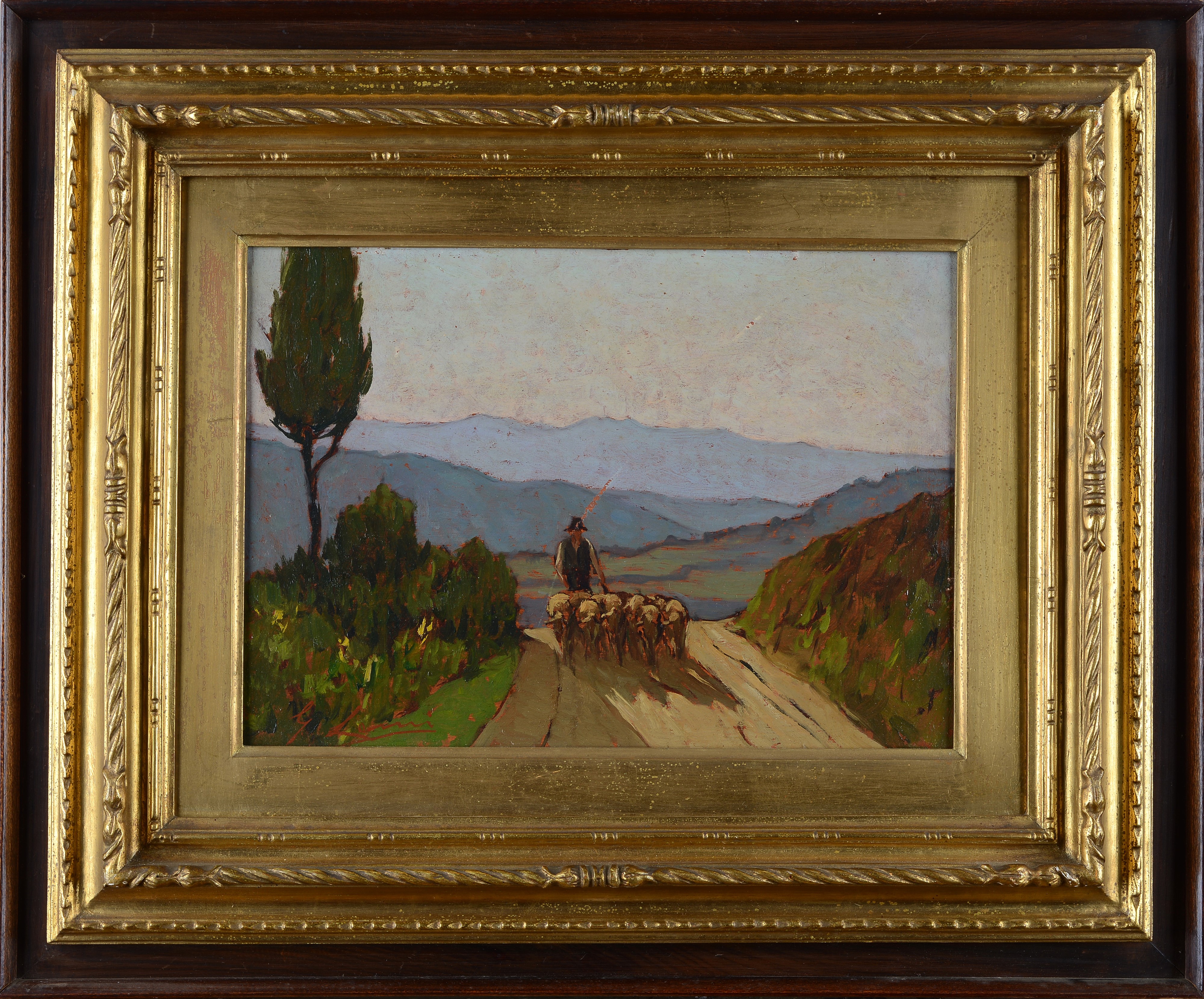 Giovanni Lomi - Campagna con gregge, olio su cartone