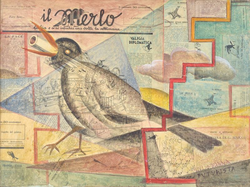 Giulio D'anna - Il Merlo, collage e tecnica mista su carta riportata su tela