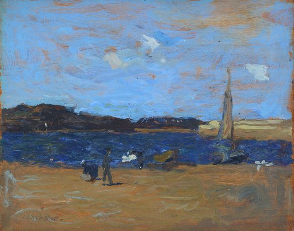 Attr. a Edwin Scott - Landscape with river, boats and figures