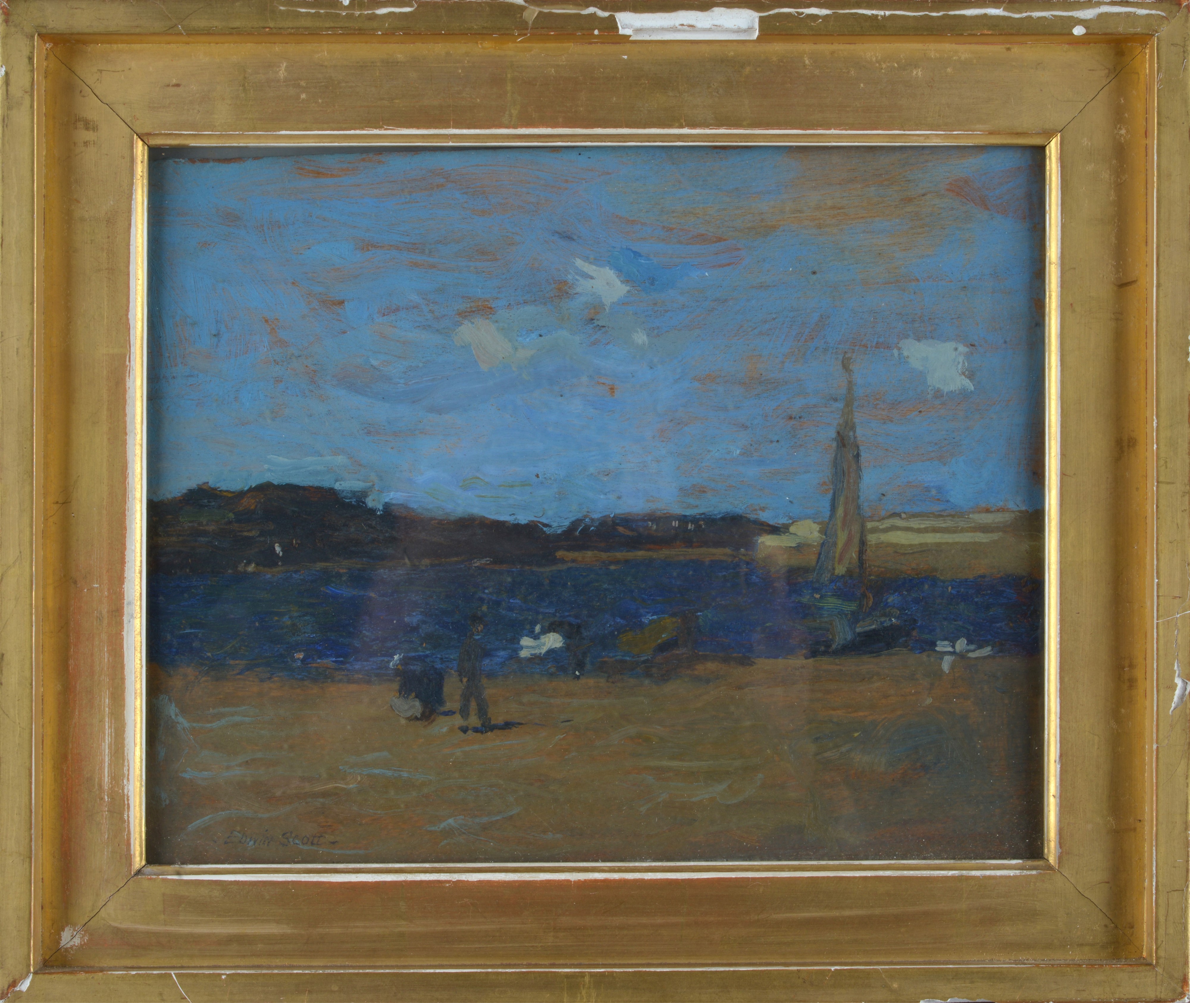 Attr. a Edwin Scott - Paesaggio con fiume, barche e figure, olio su tavola
