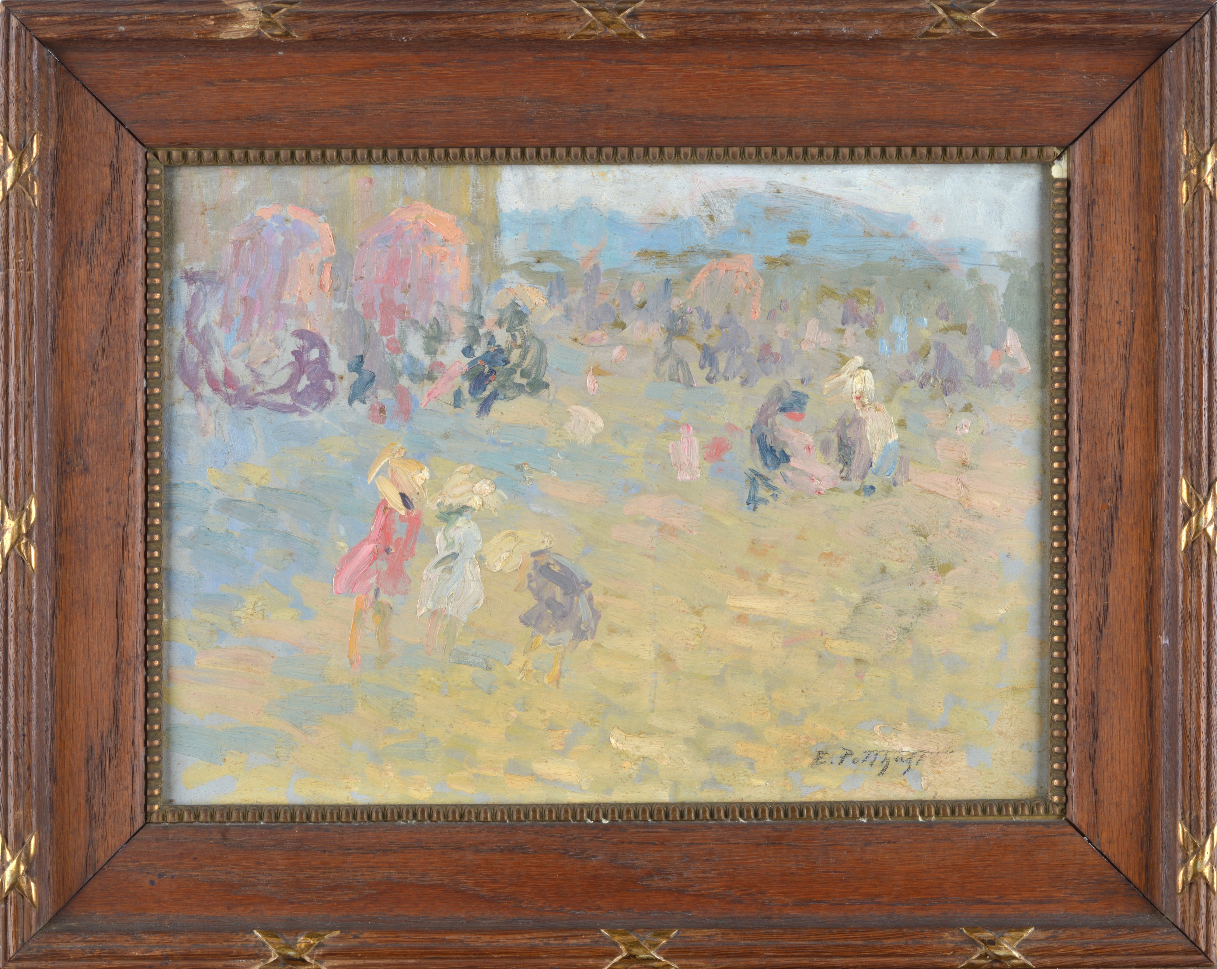 Attr. a Edward Henry Potthast - Piazza con figure, olio su cartone