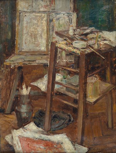 Lo studio del pittore, olio su tela