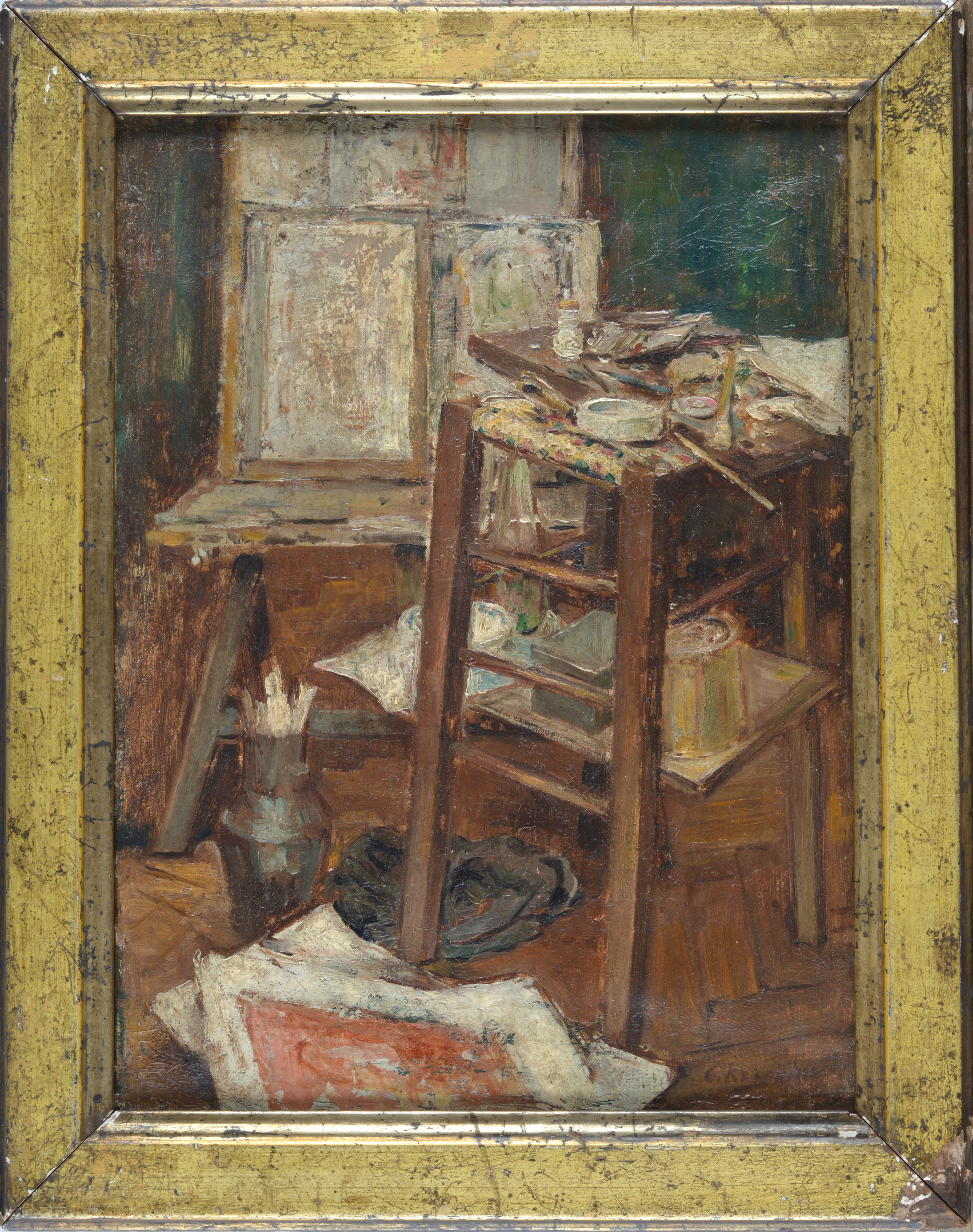 Attr. a Konstantin Alekseevič Korovin - Lo studio del pittore, olio su tela