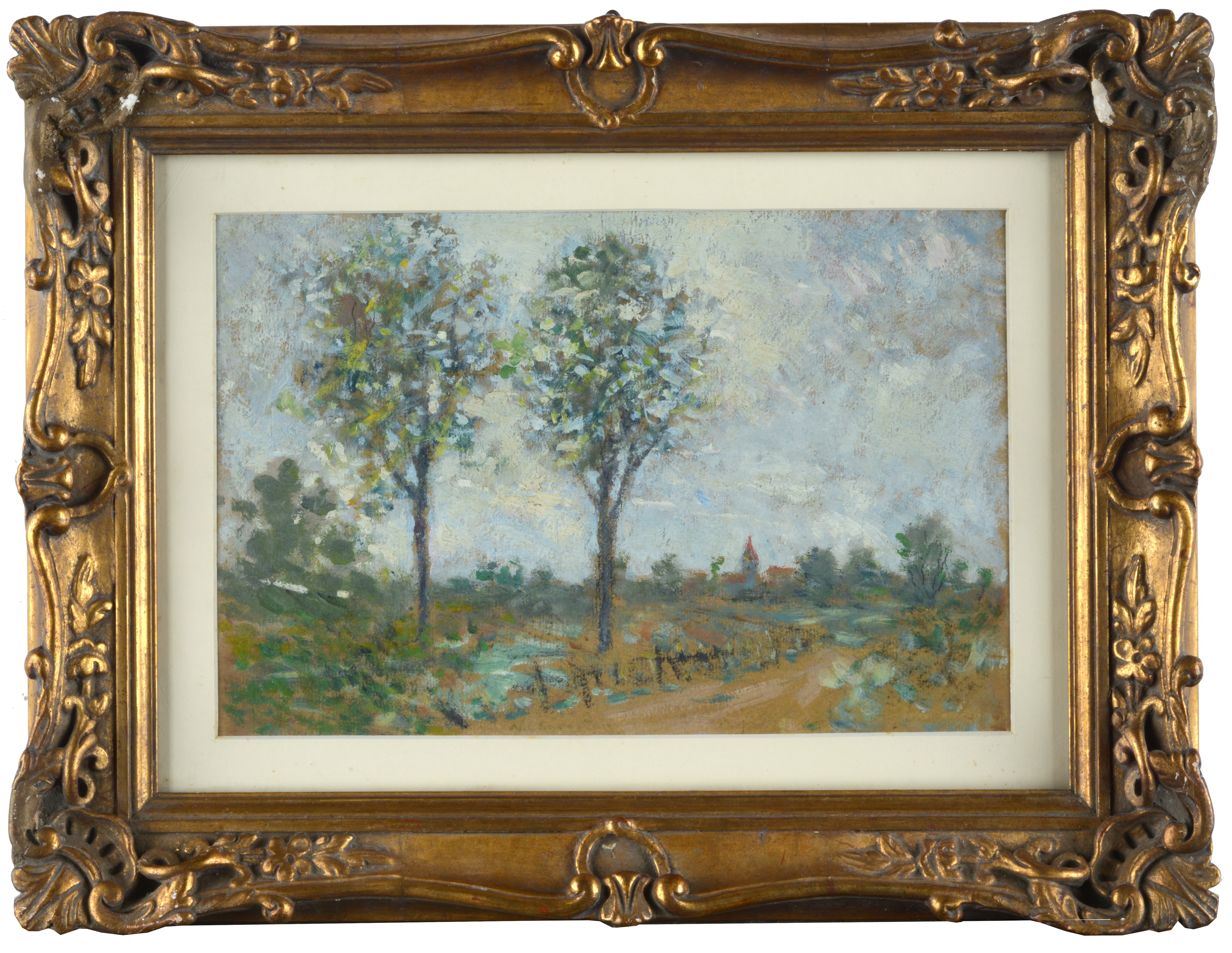Attr. a Victor Charreton - Victor Charreton, Paesaggio primaverile, olio su cartone
