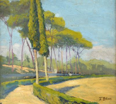 Viale alberato, olio su cartone