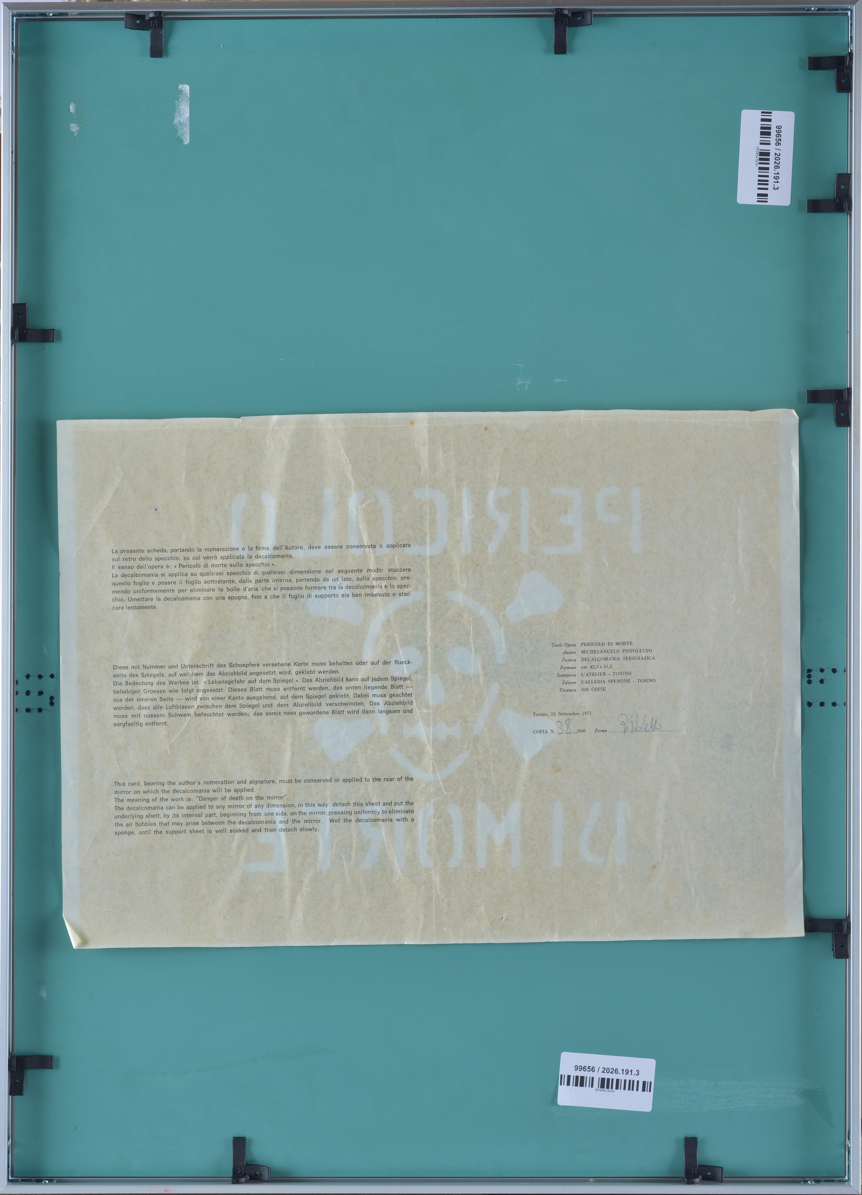 Michelangelo Pistoletto - Pericolo di morte, decalcomania serigrafica, 1971